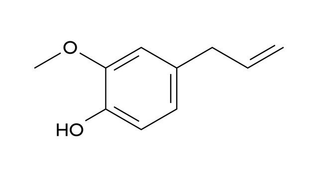 eugenol molecule, structural chemical formula, ball-and-stick model, isolated image guaiacol