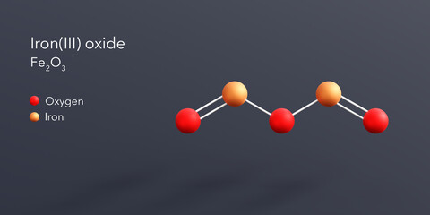 iron(iii) oxide molecule 3d rendering, flat molecular structure with chemical formula and atoms color coding