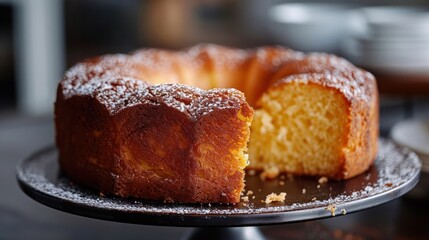 A yellow bundt cake with powdered sugar on top sits on a white plate
