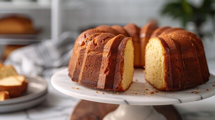 A yellow bundt cake with powdered sugar on top sits on a white plate
