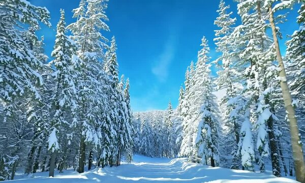  White trees in forest with snow in winter against blue sky on sunny day.