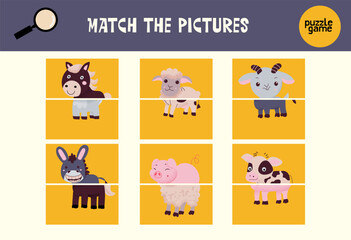 Match halves of cute cartoon farm animals. Logical game for kids.