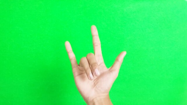 Metal hand sign with shaked motion isolated on green screen background chroma key. Love you gesture hand