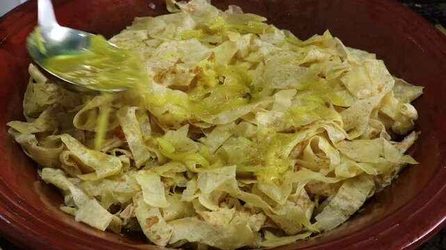 Moroccan Food Rfissa Dish with Chicken, Lentils, and Eggs - Authentic Moroccan Cuisine Video, Traditional Moroccan Cooking, Moroccan Recipes, High-Quality Moroccan Food Video, Moroccan Food Culture