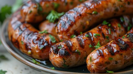 Close-up of grilled sausages with herbs and mustard on a plate.