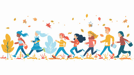 Fototapeta premium Children's drawings show a family and friends jogging. Cartoon style and white background.