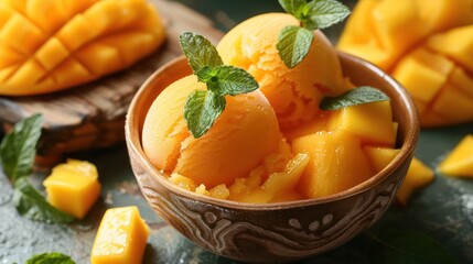 Close-up of mango sorbet in a bowl with fresh mango slices.
