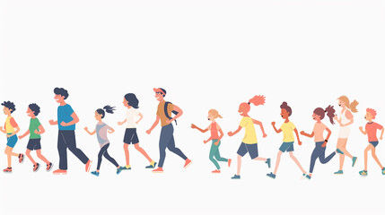 Children's drawings show a family and friends jogging. Cartoon style and white background.