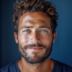 Close-up portrait of a smiling man with curly hair and blue eyes against a dark background, exuding warmth and confidence.
