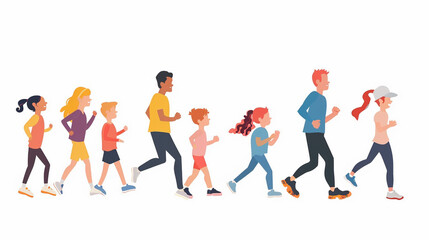 Obraz premium Children's drawings show a family and friends jogging. Cartoon style and white background.