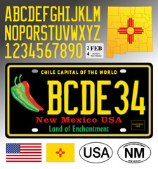 New Mexico car chili black style License Plate, letters, numbers and symbols, vector illustration, USA, United States
