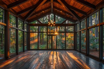 Large Screened-In Porch with Dark Wood Floor, Open Gabled Ceiling, Tall Windows Overlooking Forest, Modern Chandelier, and Beamed Room.
