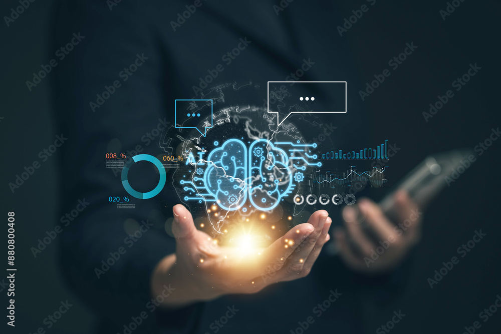 Poster chat with ai. artificial intelligence. the concept of accessing imagination by feeding commands to a