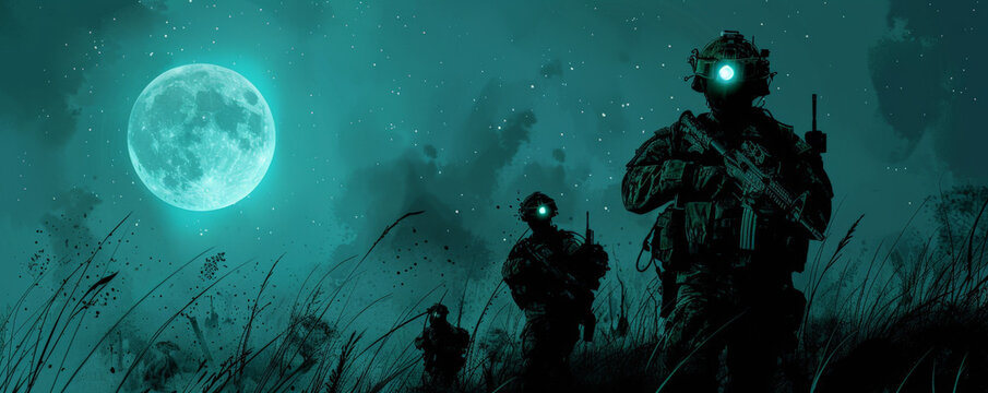 A banner featuring soldiers with night vision goggles on patrol, their silhouettes highlighted against a dark, moonlit backdrop, capturing the essence of vigilance.