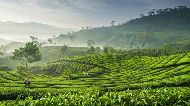 Workers harvest tea leaves on a hillside plantation with a misty valley in the background