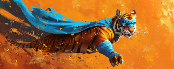 A superhero tiger in a blue cape and mask, flying fiercely on an orange background. The tiger's intense expression and the warm colors create a striking and powerful scene.