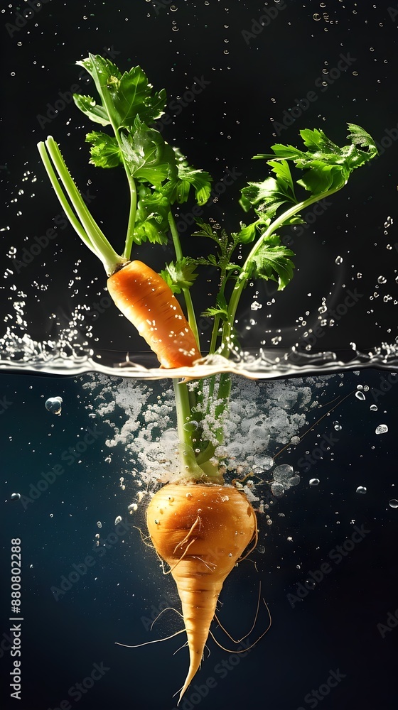Poster closeup of a floating carrot in splashing liquid on black background