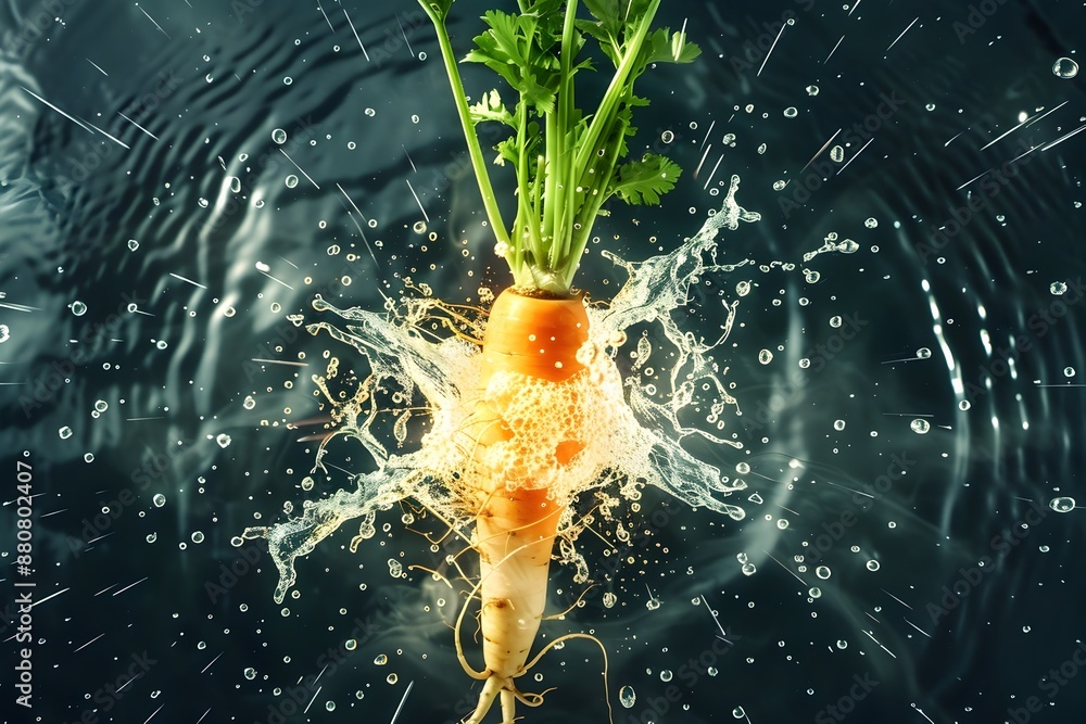 Poster parsnip immersed in flowing liquid backdrop with vivid splashes and reflections