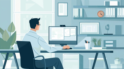 Man at desk with computer and monitor