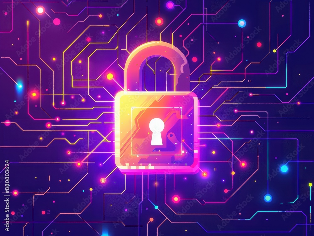 Poster bright glowing padlock over a colorful circuit board, representing cybersecurity and digital protect