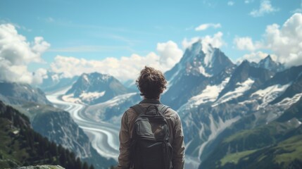 Alpine mountain top, a male facing the peak, head slightly up, gazing at the snow-capped peaks, the image is a sense of certainty and firmness of conviction, Photograph