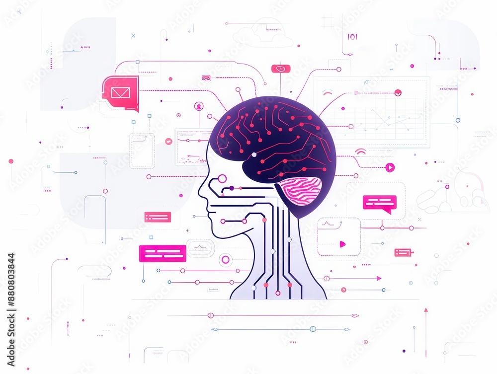 Leinwandbilder digital illustration of a human head with a brain, representing technology and artificial intelligen