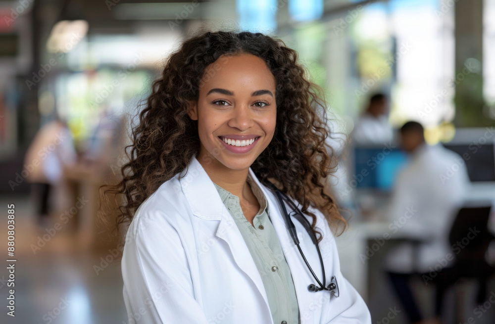 Wall mural A beautiful female doctor is smiling and standing in front of her desk with an office behind