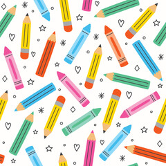 Seamless pattern design with crayons. Abstract school background. Vector illustration