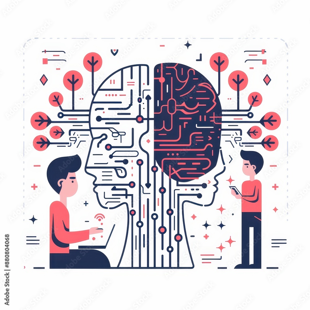Poster illustration of artificial intelligence and machine learning concept with two people and a brain com