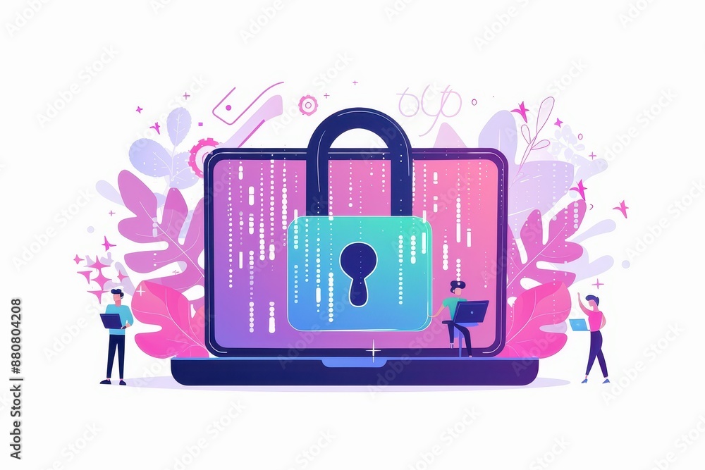 Poster vector illustration of data security with a large padlock on a laptop screen, symbolizing cybersecur