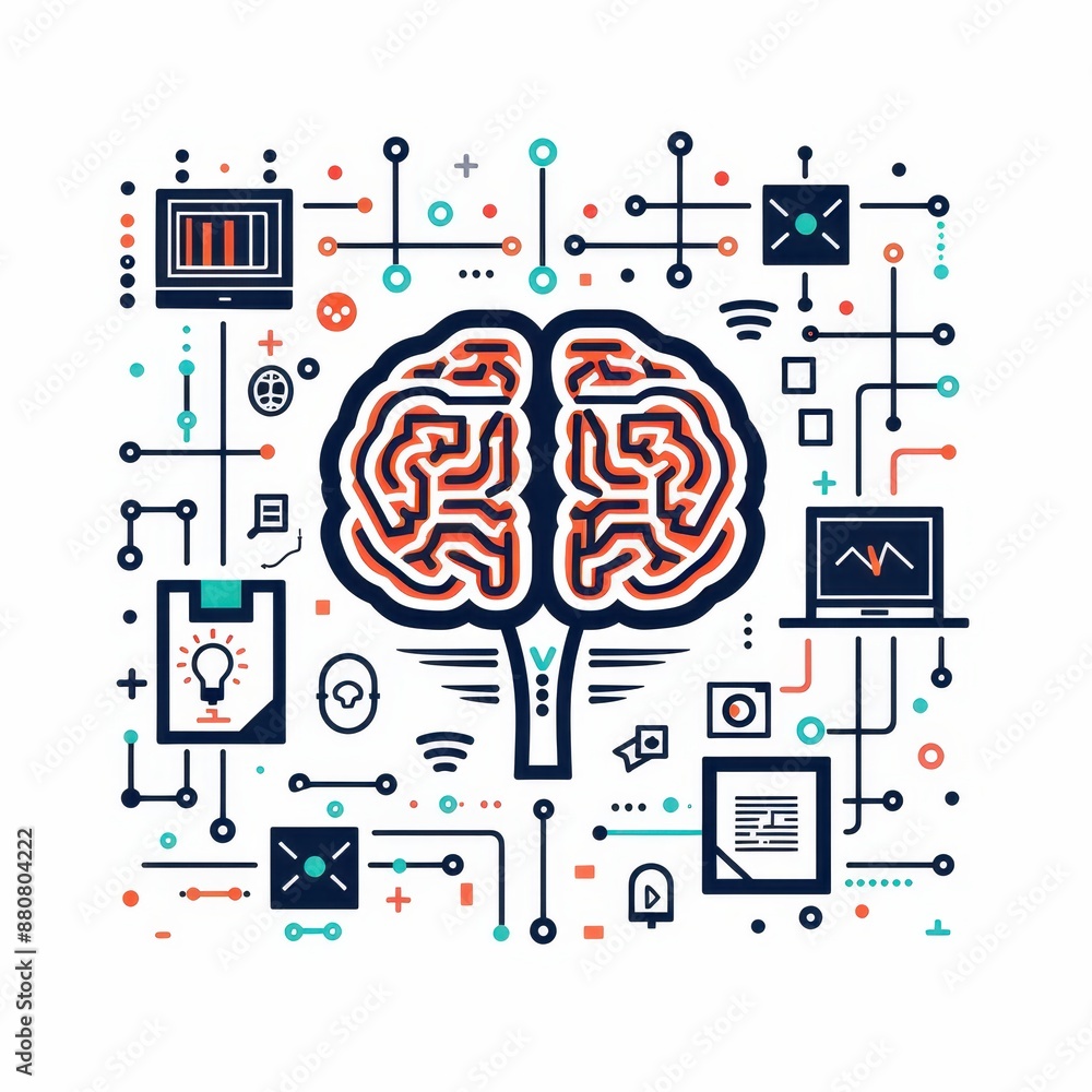 Poster vector illustration of artificial intelligence concept showing brain and technology connections with