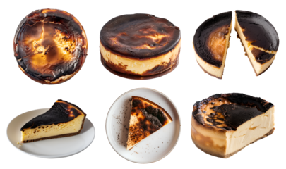 Set of burnt crustless Basque cheesecake cake pastry dessert, on transparent cutout, PNG file. Many assorted different angles, stack, broken, slice, pile. Mockup template for artwork