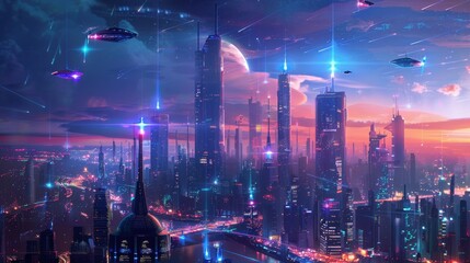 Fototapeta premium Techno Metropolis: Glowing Urban Skyline with Hovering Vehicles in Futuristic Cityscape