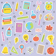 Collection of a hand drawn school icons. Colourful stationery stickers. Vector illustration
