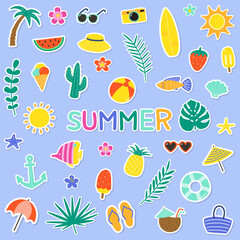 Cartoon hand drawn summer icons. Set with colourful holiday stickers. Vector illustration