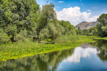Sunny morning view of valley on Moraca river.