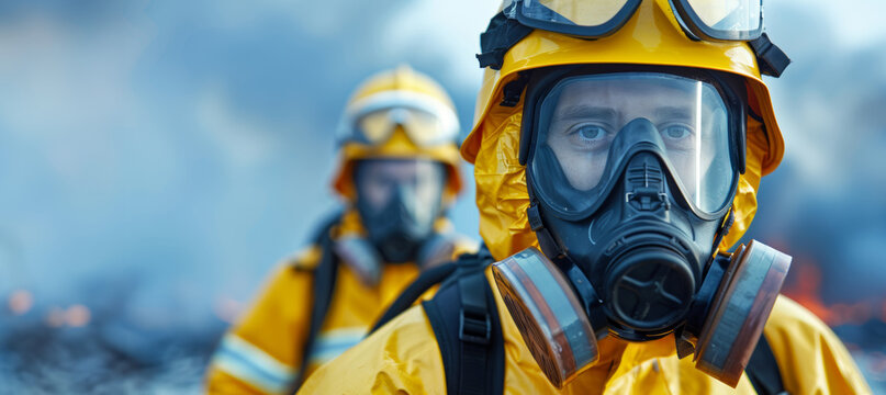 A firefighter wearing a full hazmat suit and respirator looks intently forward in the aftermath of a disaster