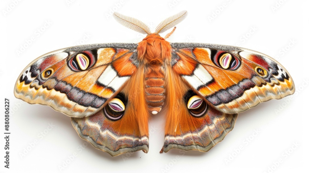 Wall mural A close-up photo of a moth with vibrant orange wings on a clean white surface