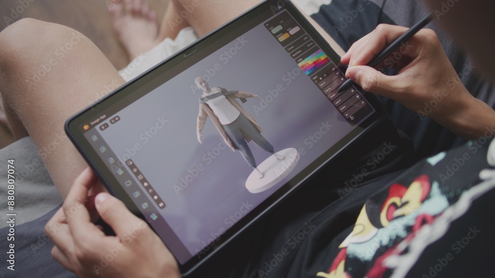 Poster focused teenager draws clothes for game character using 3d modeling program. boy with digital pencil