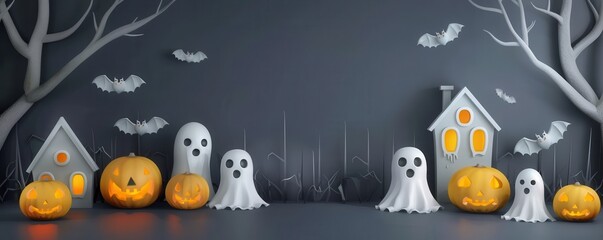 Haunted mansion with ghostly figures and jack-o'-lanterns, Halloween, 3D scene