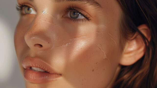 Girl applying foundation and concealer with brush on white background, closeup. Face contouring