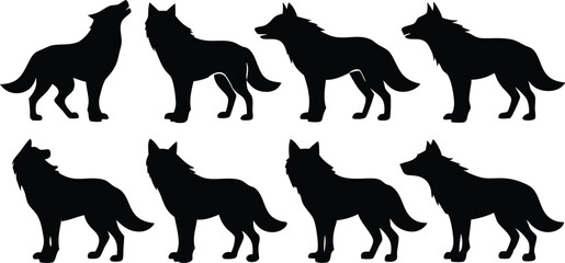 wolf silhouettes, Set of wolf black silhouette vector
