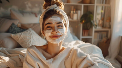 Happy woman doing routine skin care at home with beauty products. Woman sitting on bed at home and applying face cream.