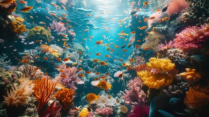 Obraz premium A vibrant coral reef ecosystem, with fish of all sizes weaving through intricate coral structures