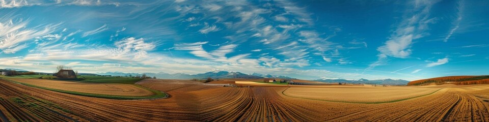 Fototapeta premium Wide-Angle Aerial View of Smart Agriculture Orchard: Showcasing Vast and Magnificent Farmland, Future Intelligent Industry Agriculture Theme, AI-Generated High-Resolution Wallpape