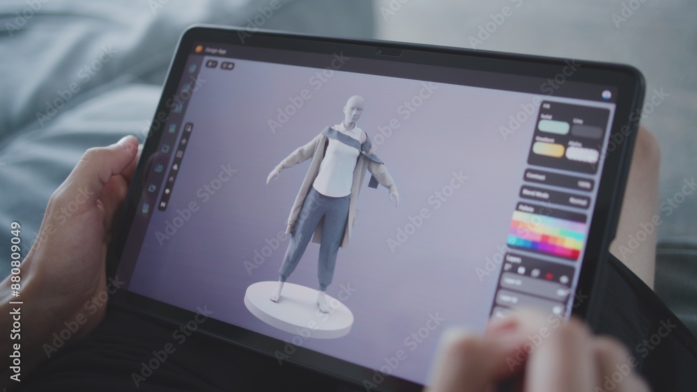 Poster focused teenager draws clothes for game character using 3d modeling program. boy with digital pencil