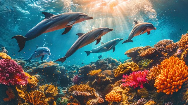A pod of dolphins frolicking above a colorful coral reef, their silhouettes visible against the sunlit waters