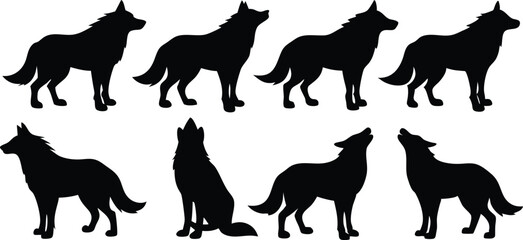 wolf silhouettes, Set of wolf black silhouette vector
