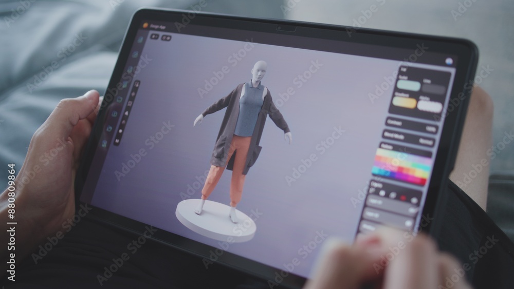 Poster focused teenager draws clothes for game character using 3d modeling program. boy with digital pencil
