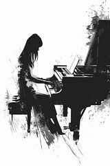 A black and white sketch of a pianist playing